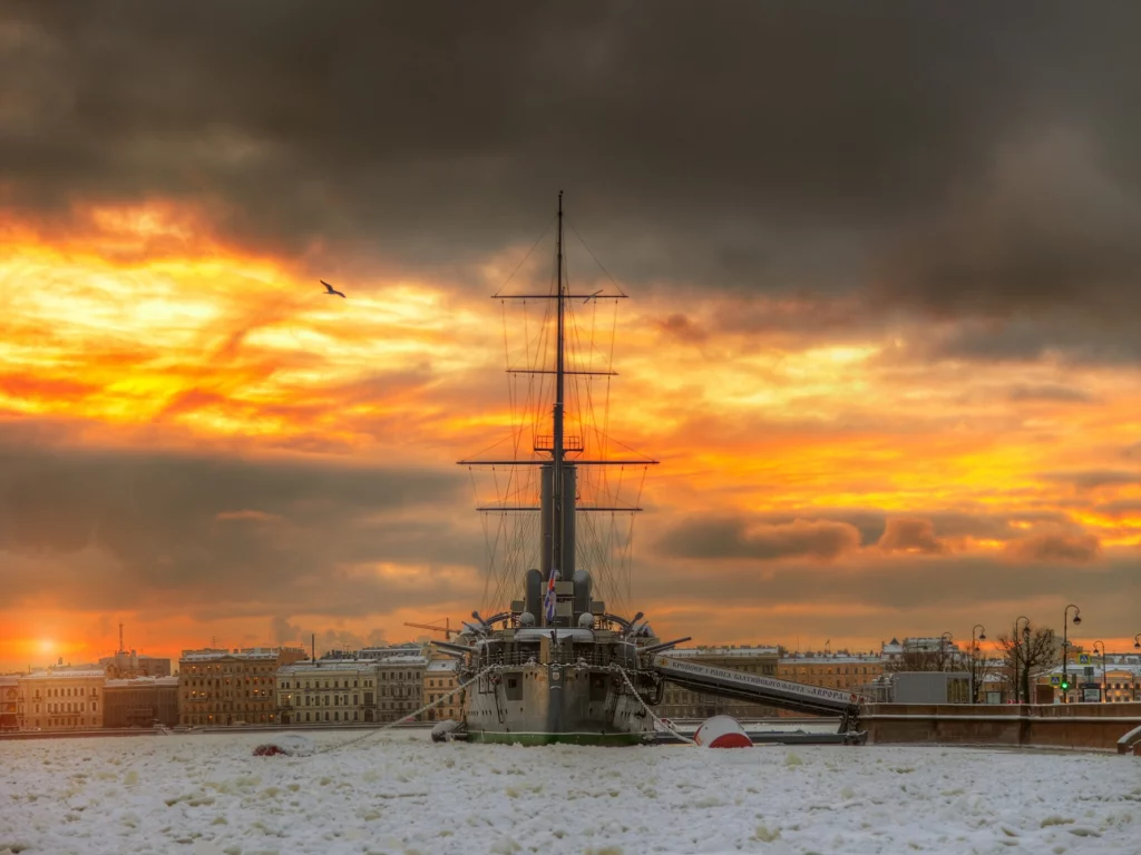 петербург, крейсер аврора, зима, лёд