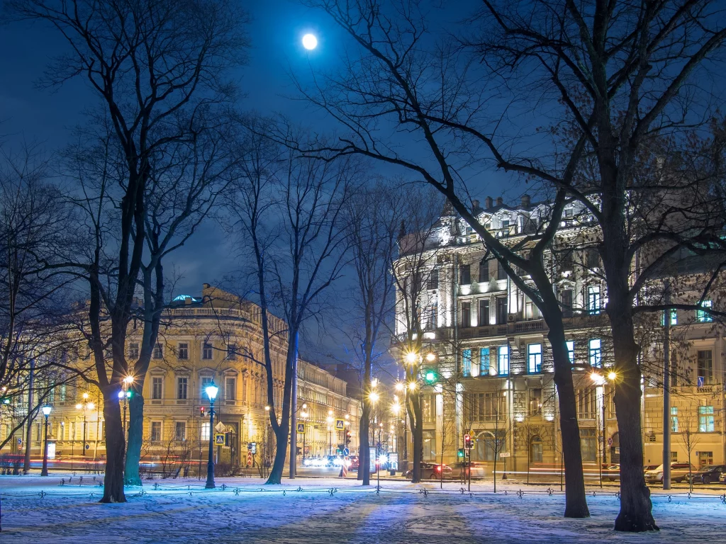 петербург, питер ночью, дома, луна, огни