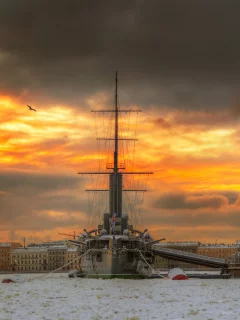 петербург, крейсер аврора, зима, лёд