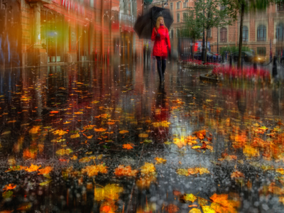 петербург, осень, дождь, девушка, зонт, арт