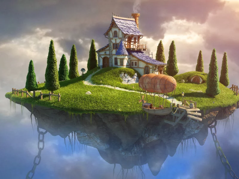 летающий остров, дом, flying island house, home, flyship, futuristic, fantasy, sun, sky, clouds, solar, nice, wide