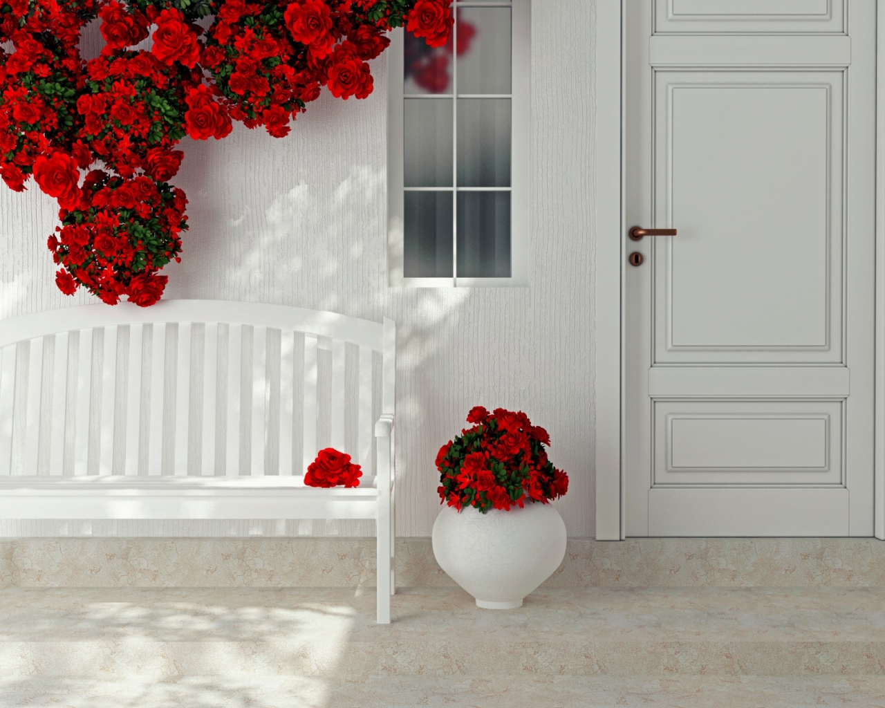 интерьер, скамейка, окно, розы, дверь