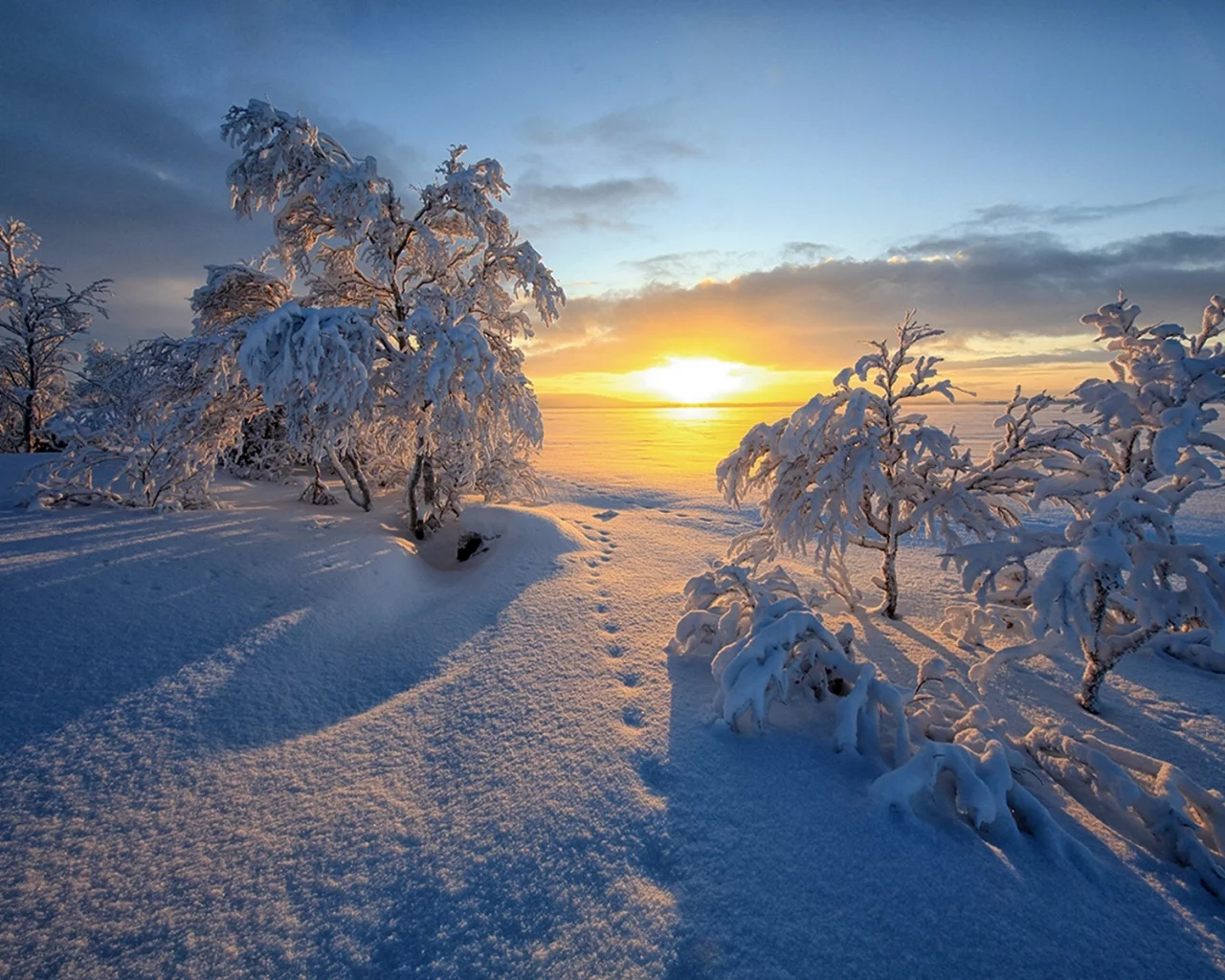 зимний, пейзаж, закат