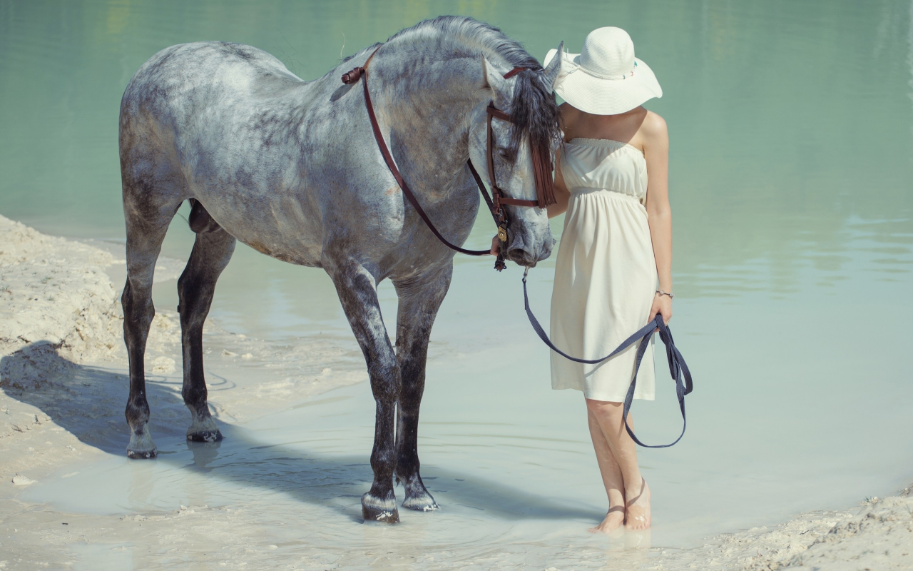 девушка, лошадь, вода