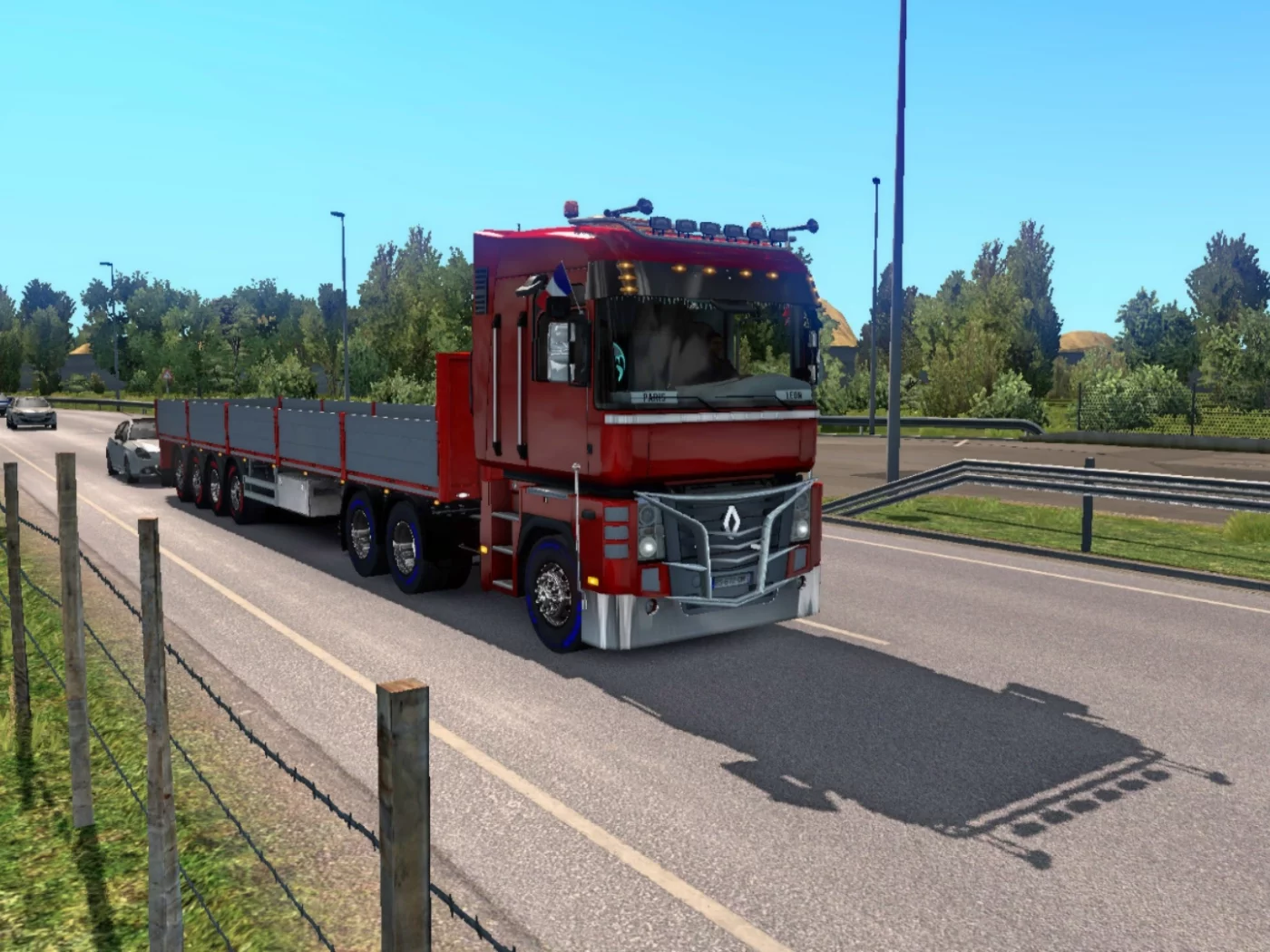 ets 2, фура, авто, рено, красный, прицеп, поворот