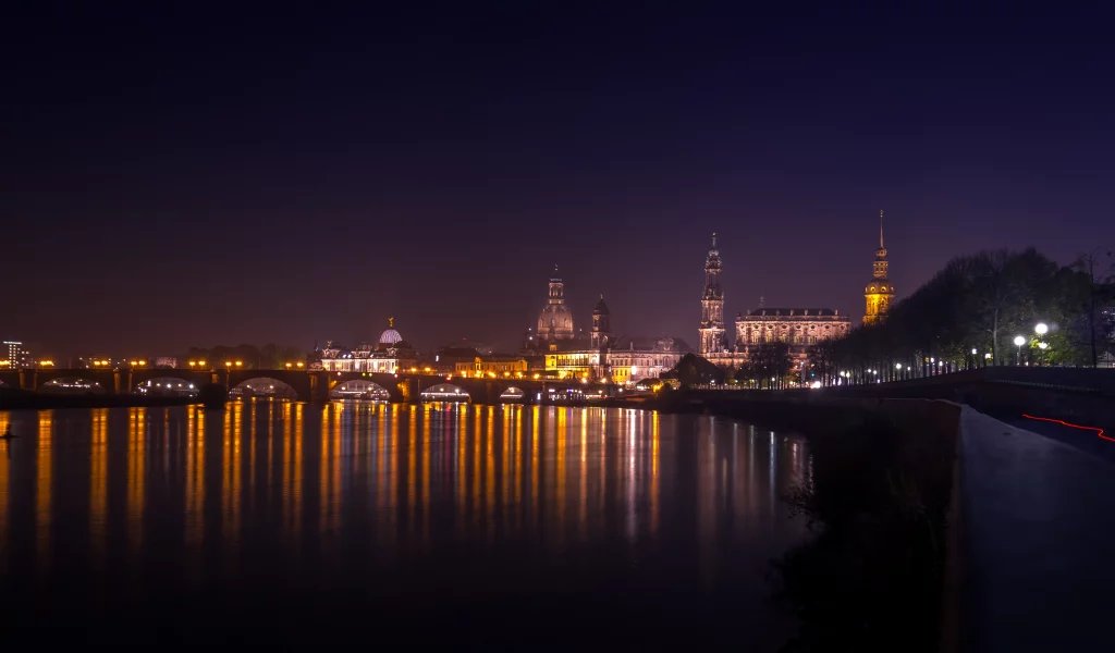 старый, город, дрезден, саксония, германия, река, эльба, панорама, ночь