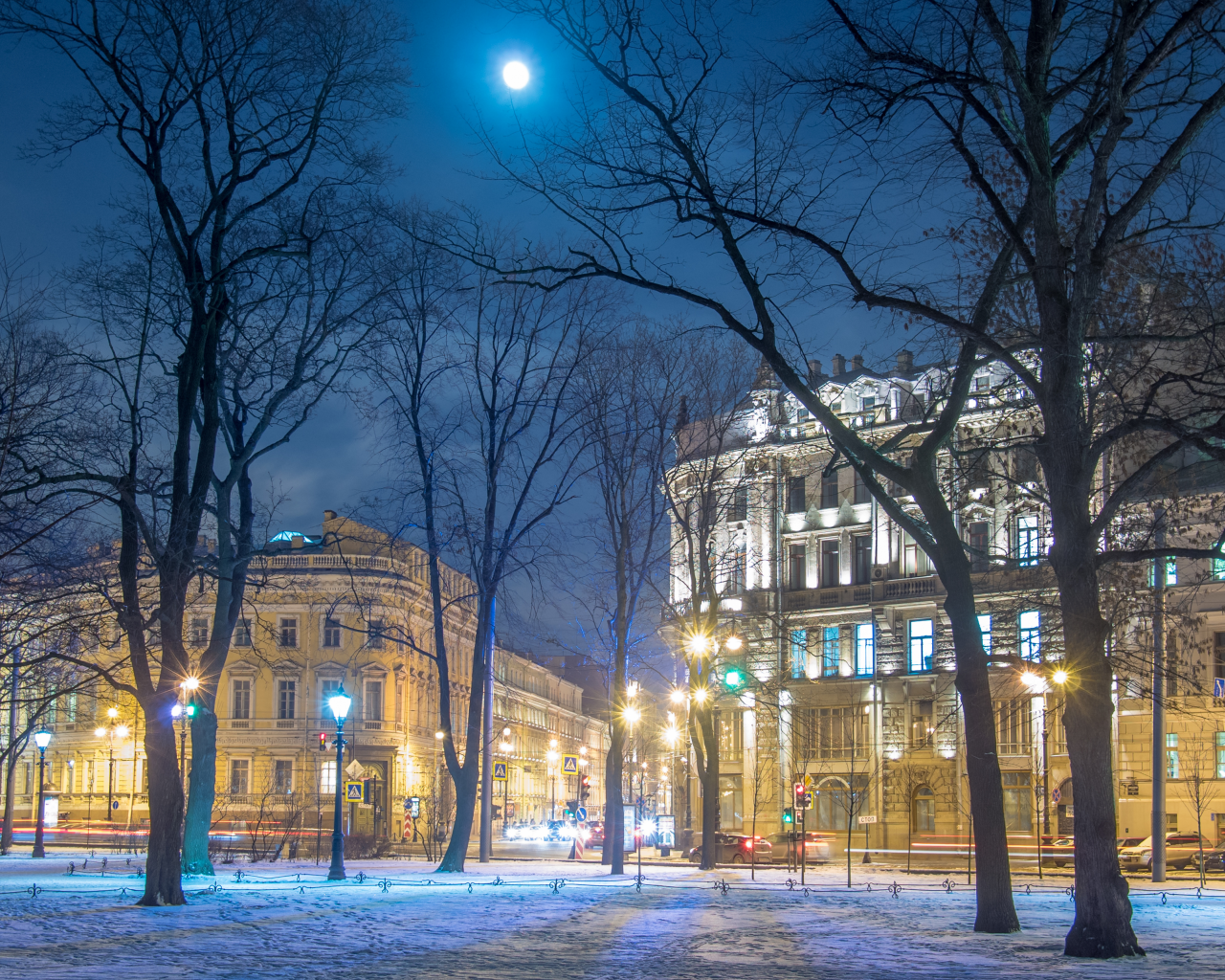 санкт петербург, ленинград, россия, город, ночь, луна