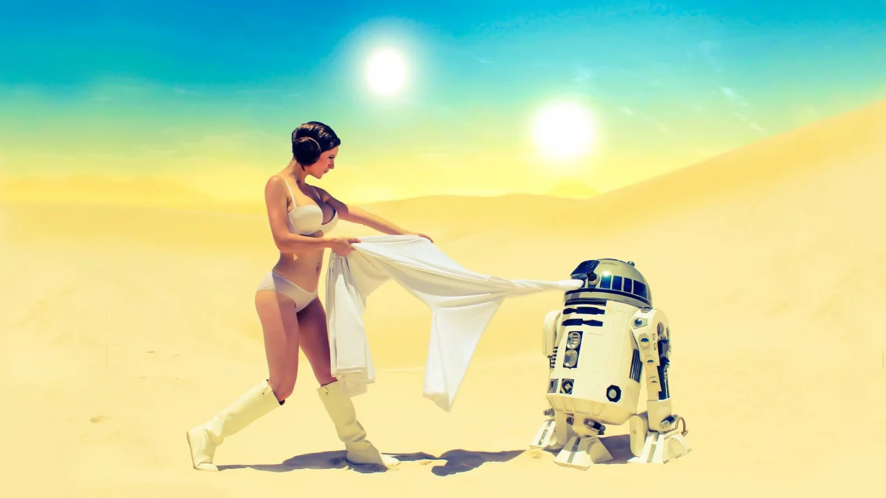 фантастика, девушка, принцесса лея, робот r2d2