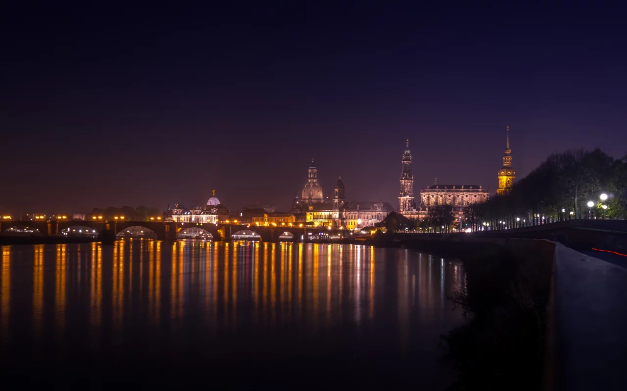 старый, город, дрезден, саксония, германия, река, эльба, панорама, ночь