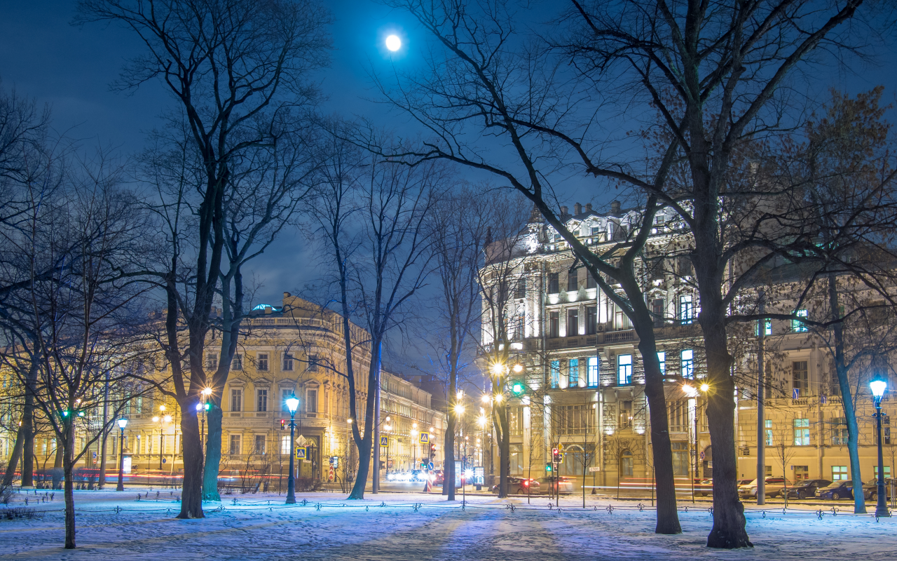 санкт петербург, ленинград, россия, город, ночь, луна