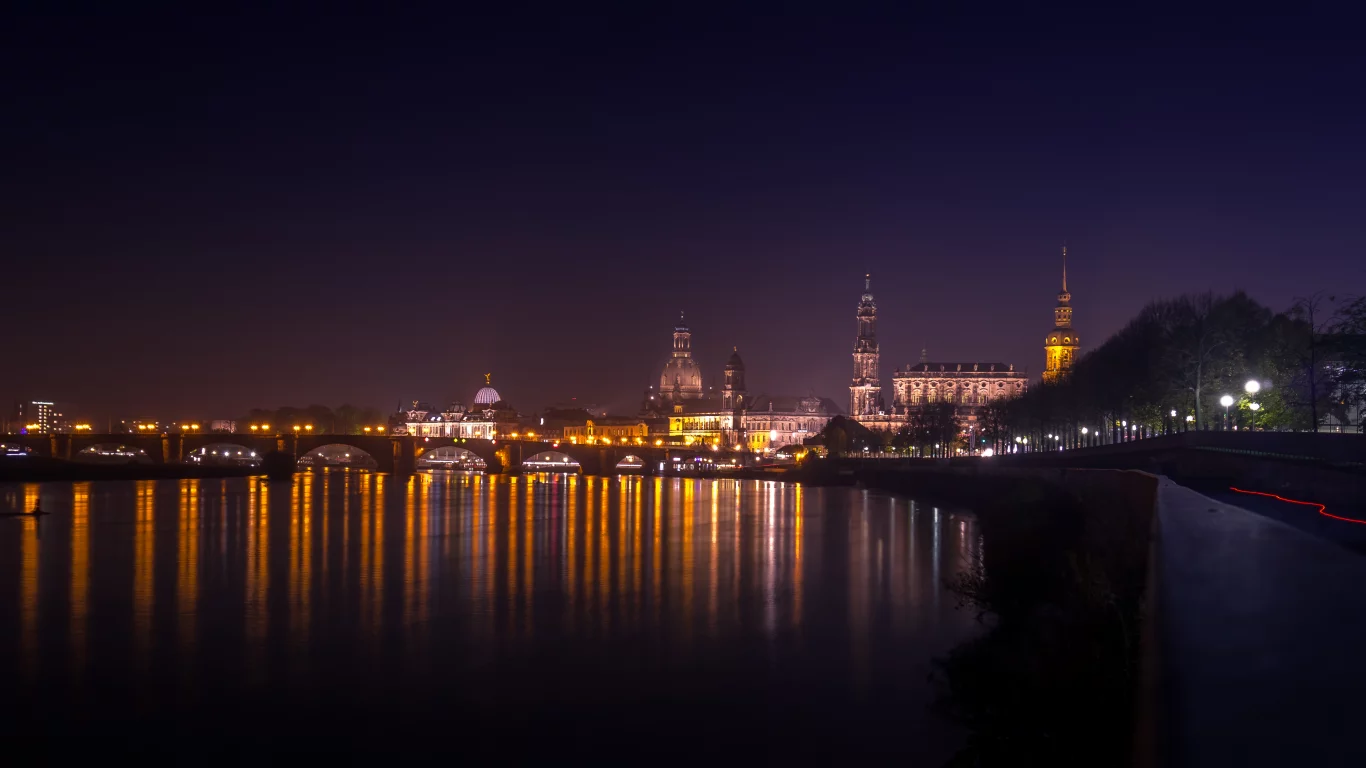 старый, город, дрезден, саксония, германия, река, эльба, панорама, ночь