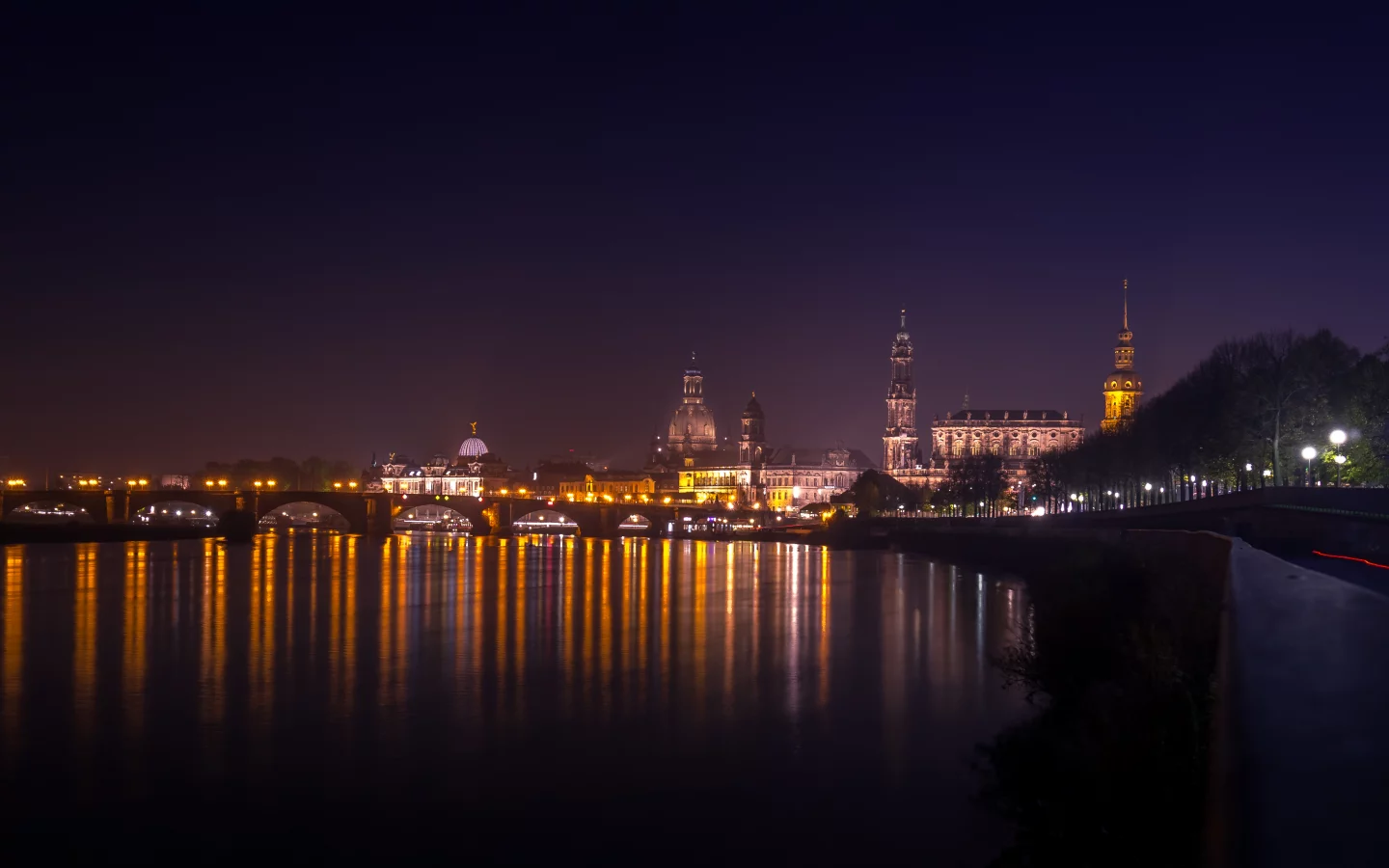 старый, город, дрезден, саксония, германия, река, эльба, панорама, ночь