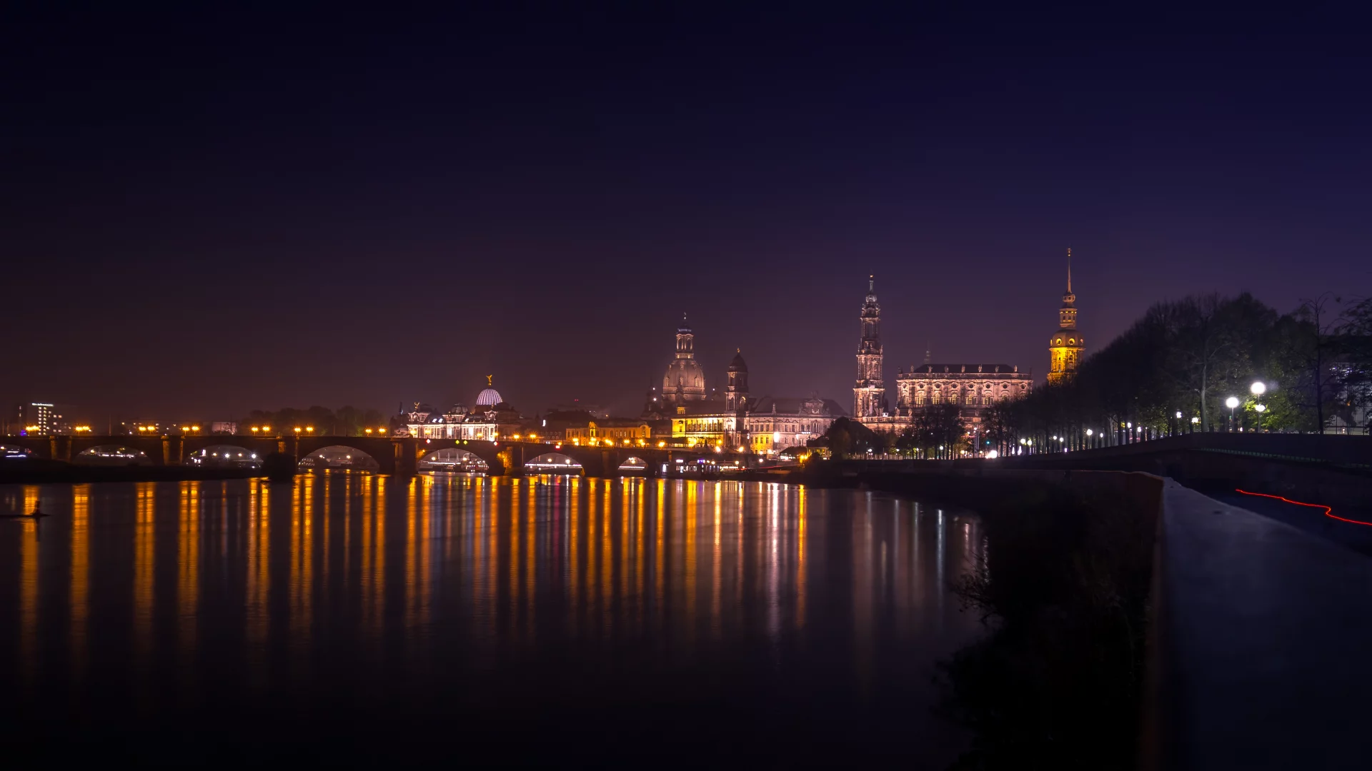 старый, город, дрезден, саксония, германия, река, эльба, панорама, ночь