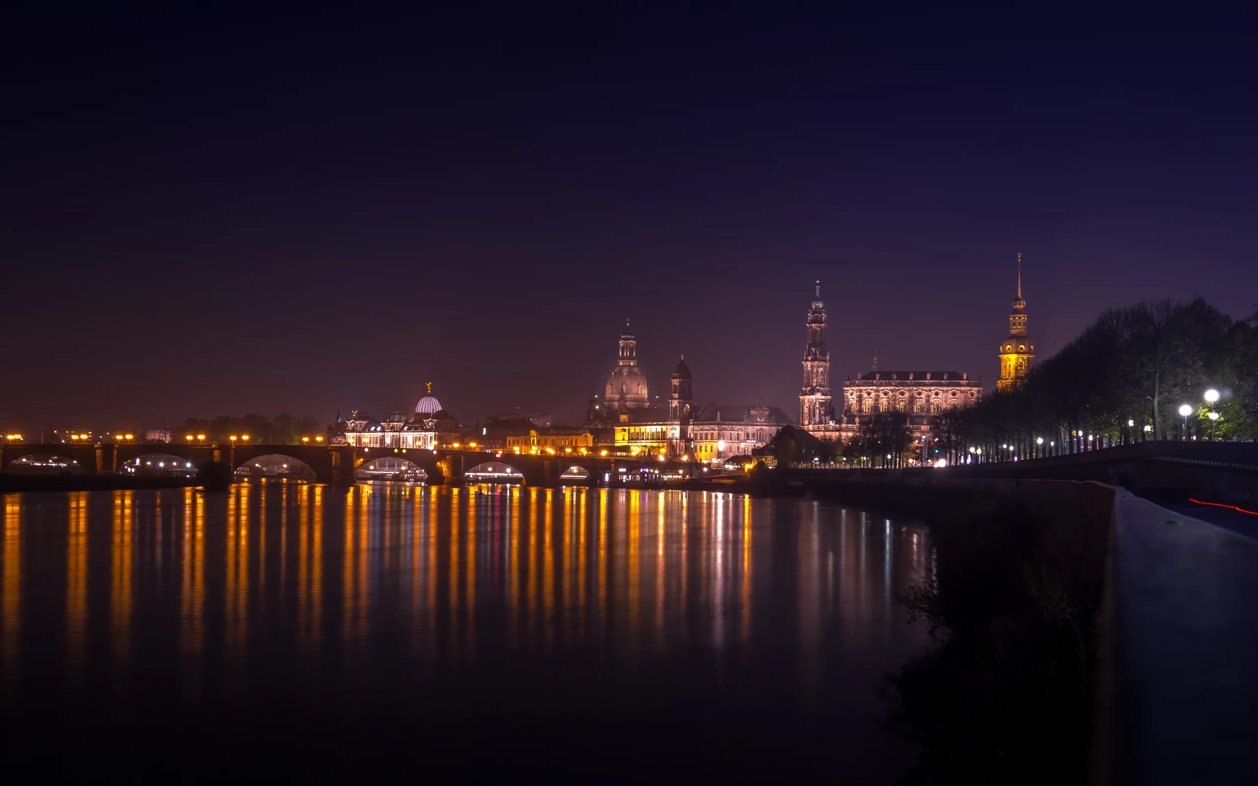 старый, город, дрезден, саксония, германия, река, эльба, панорама, ночь