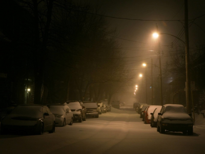 город, зима, снег, ночь, машины