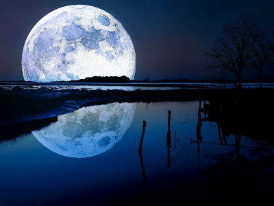 ночь, луна, река