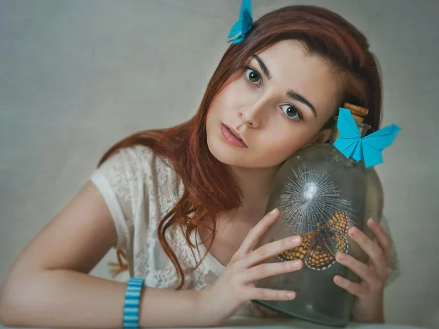 девушка, взгляд, позирует, с банкой