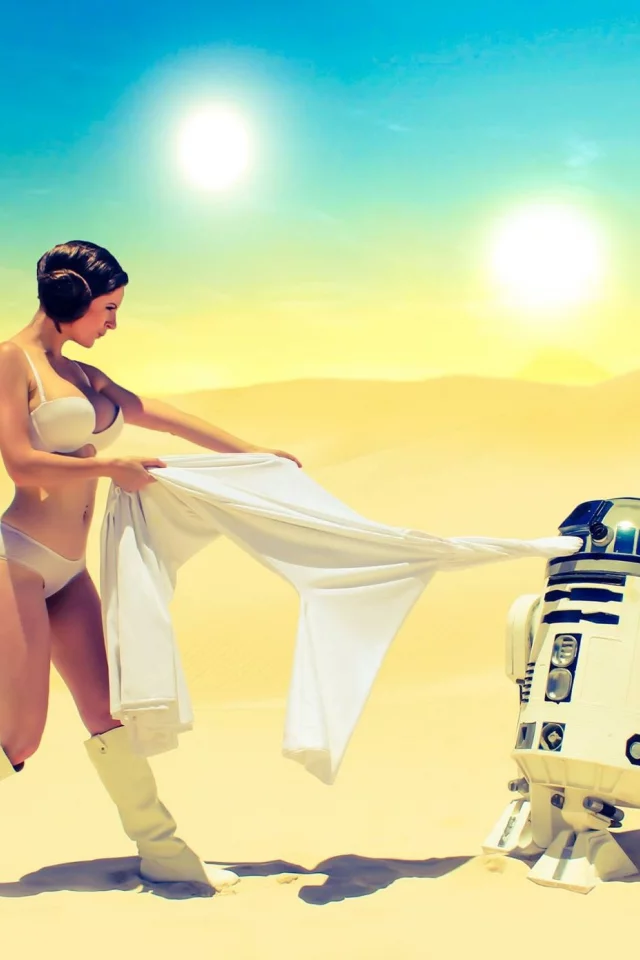 фантастика, девушка, принцесса лея, робот r2d2