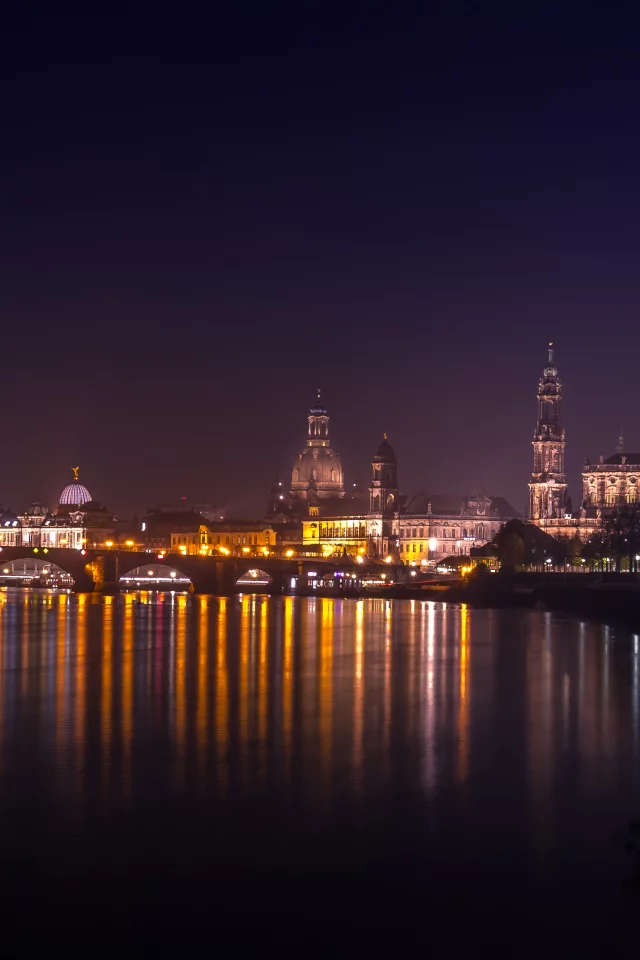 старый, город, дрезден, саксония, германия, река, эльба, панорама, ночь