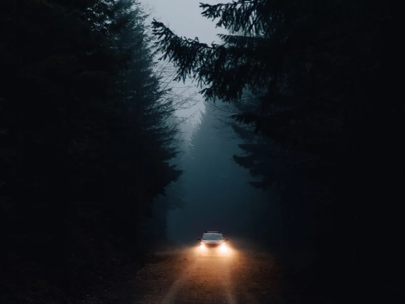 ночь, деревья, дорога, фары авто