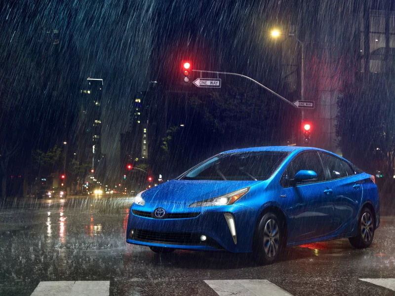 toyota, prius, тойота, приус, гибрид, машина, синий, дождь, город
