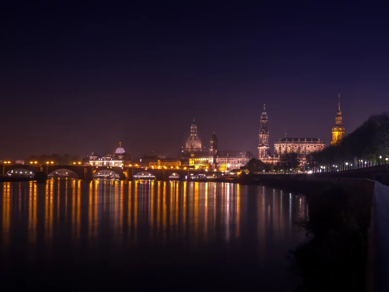 старый, город, дрезден, саксония, германия, река, эльба, панорама, ночь
