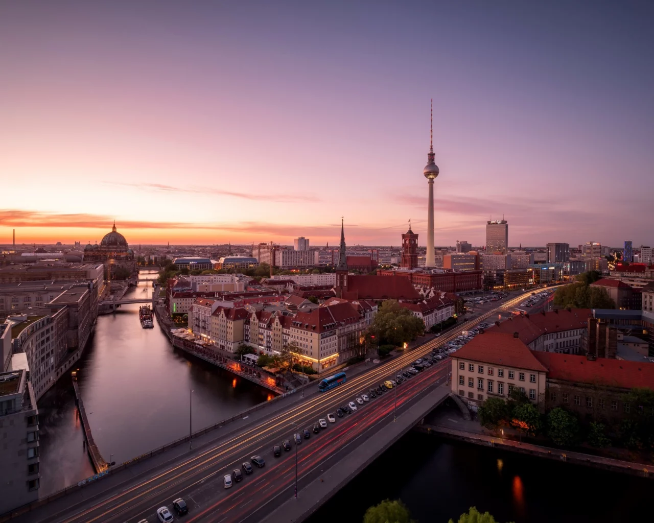 берлин, berlin, германия, город, река, spree, шпрее, панорама, ночь, телебашня, мост