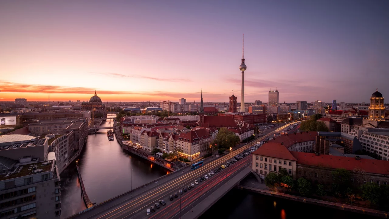 берлин, berlin, германия, город, река, spree, шпрее, панорама, ночь, телебашня, мост
