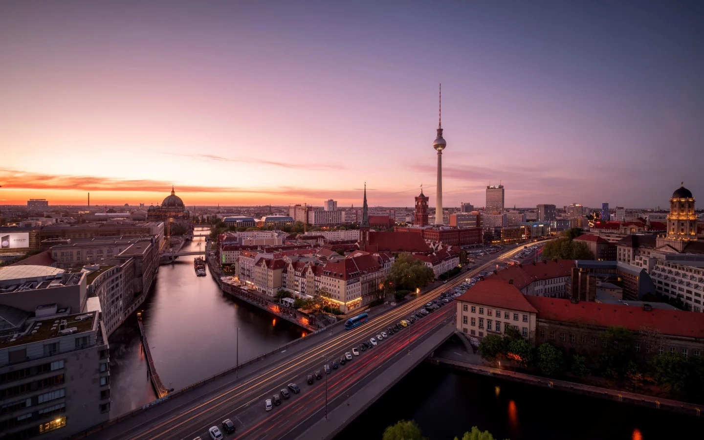 берлин, berlin, германия, город, река, spree, шпрее, панорама, ночь, телебашня, мост