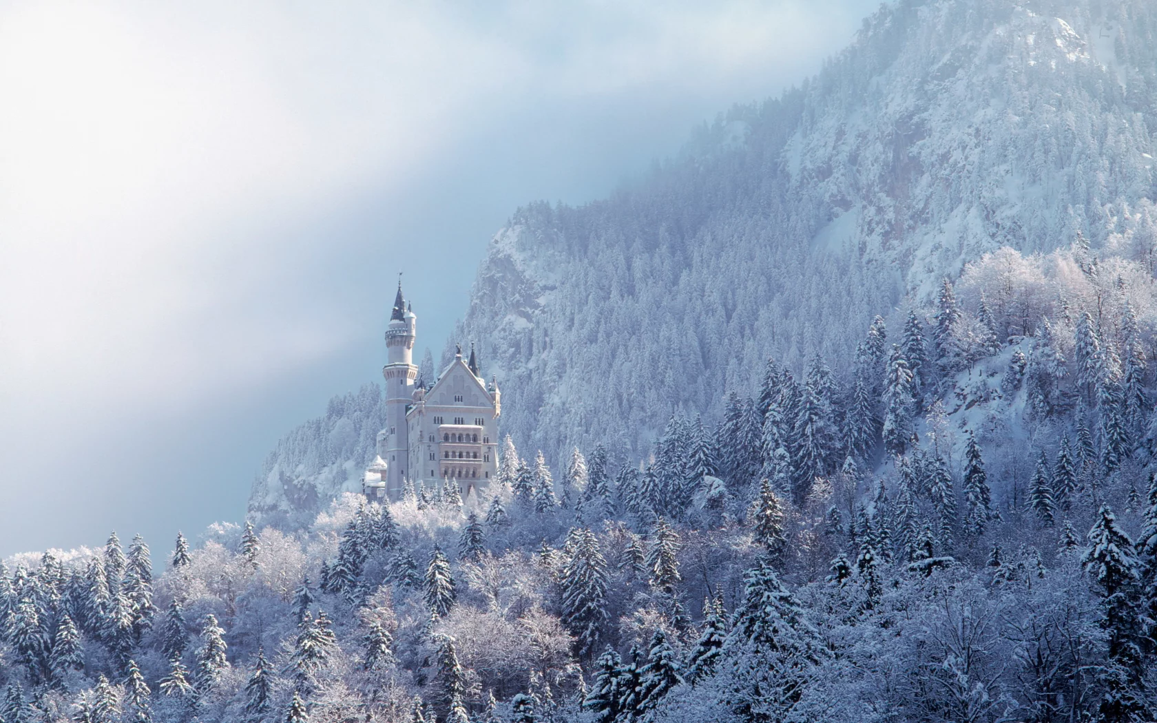 замок, нойшванштайн, бавария, германия, schloss, neuschwanstein, лес, небо, пейзаж, архитектура, зима, горы