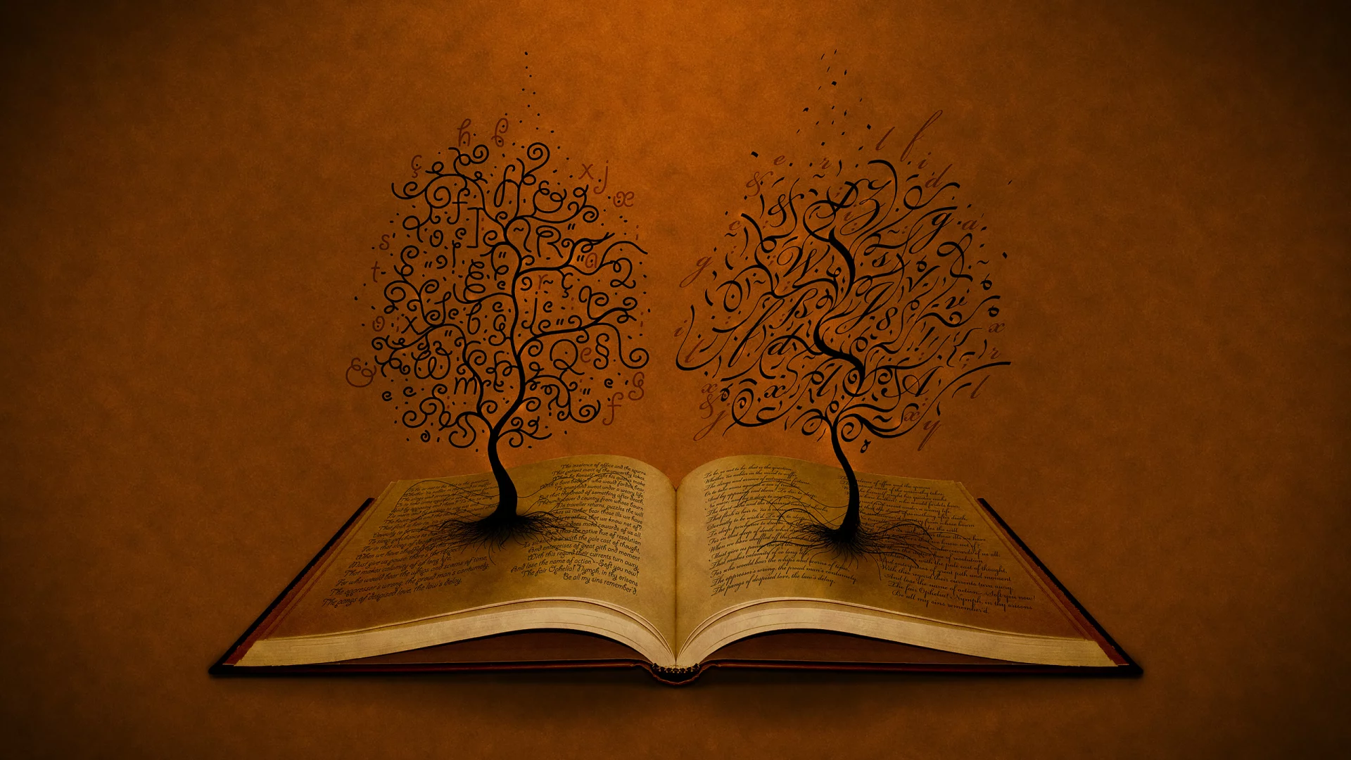 открытая, книга, деревья