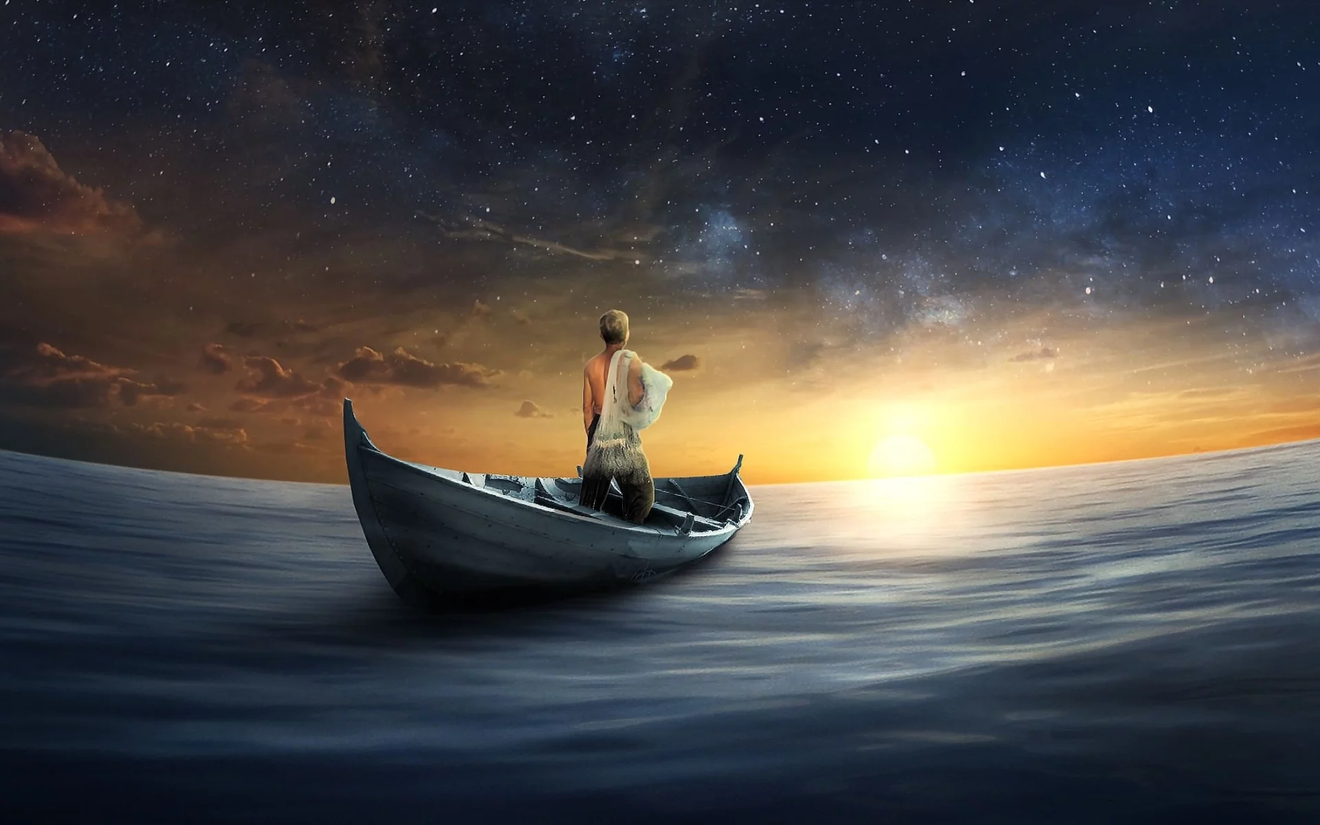 море, лодка, рыбак, закат