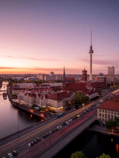берлин, berlin, германия, город, река, spree, шпрее, панорама, ночь, телебашня, мост