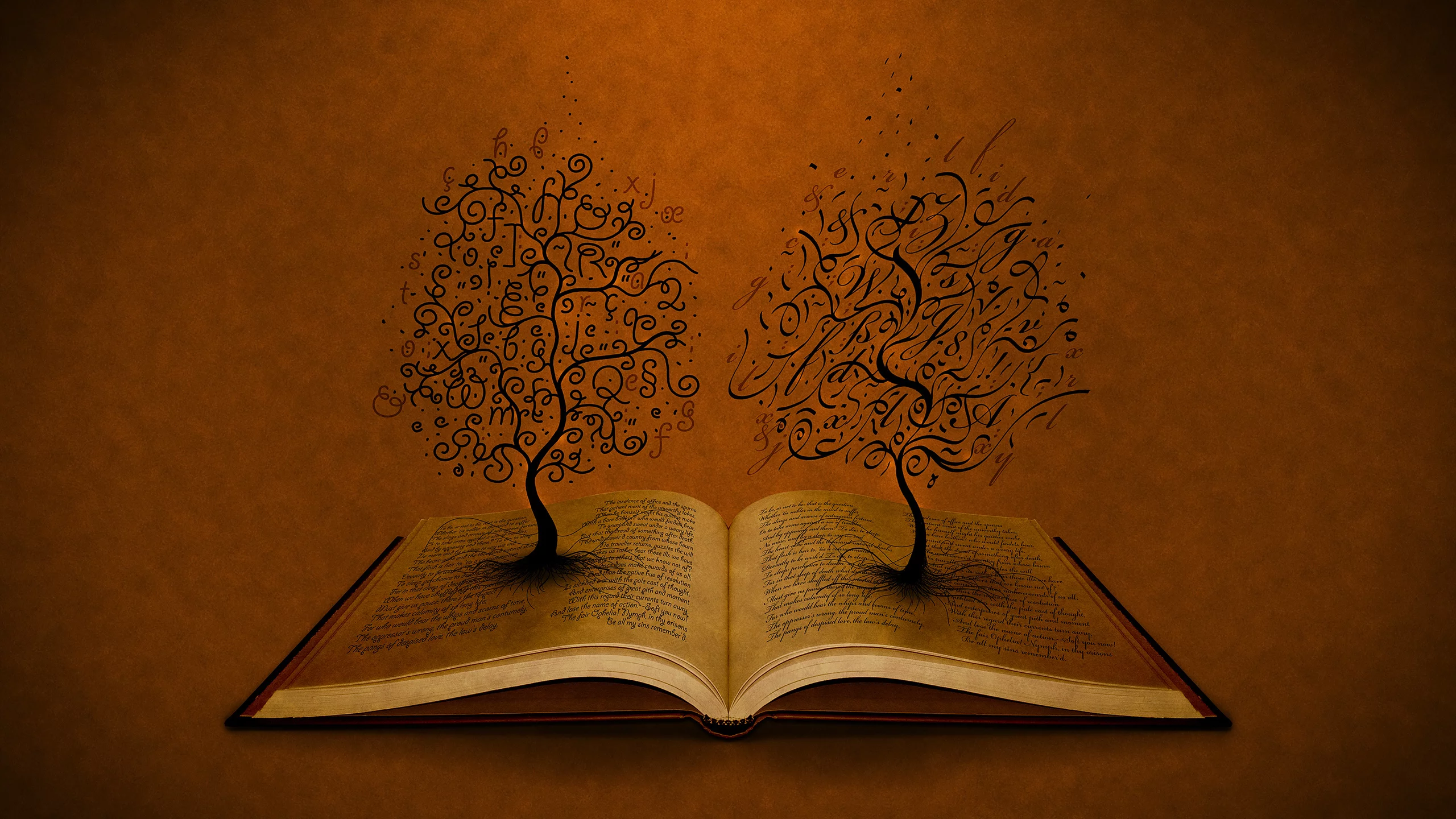 открытая, книга, деревья