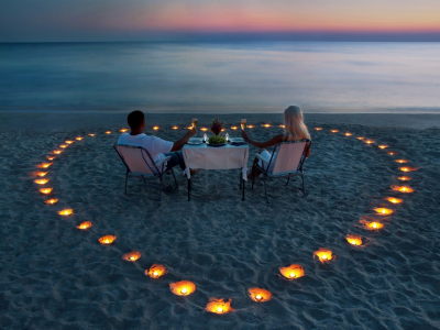 романтика, берег, свечи, влюбленные