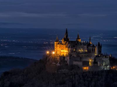 замок, гогенцоллерн, burg hohenzollern, холм, деревья, гора, возвышенность, германия, пейзаж