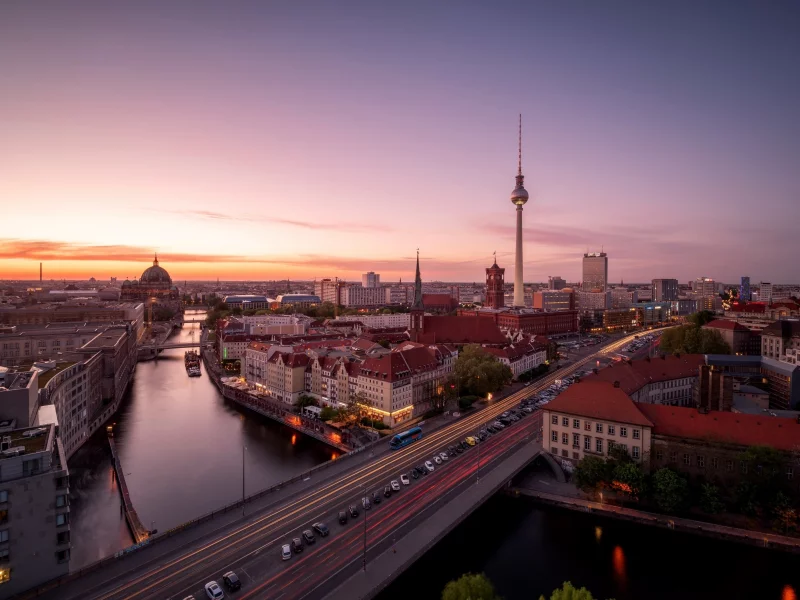 берлин, berlin, германия, город, река, spree, шпрее, панорама, ночь, телебашня, мост