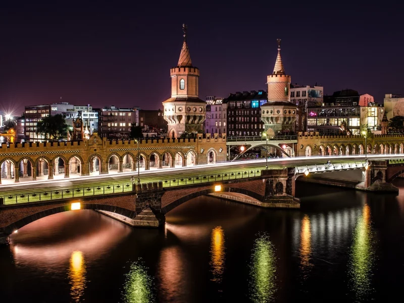 мост, обербаумбрюкке, берлин, oberbaumbruecke, berlin, германия, город, река, spree, шпрее, ночь, огни