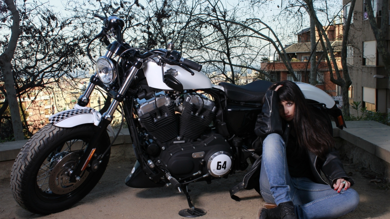 девушка, милая, красивая, фотосессия, у мотоцикла