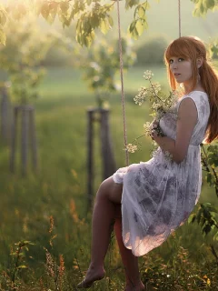 девушка, рыжая, взгляд, позирует, на природе, на качелях