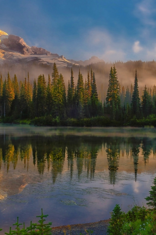 озеро, деревья, горы, туман