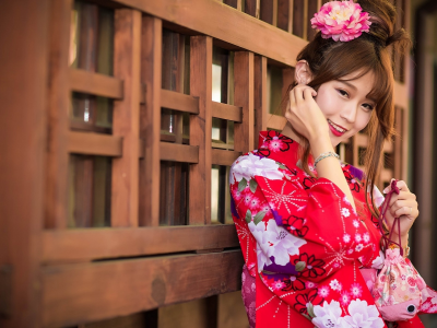 девушка, азиатка, взгляд, улыбка, фотосессия, в кимоно
