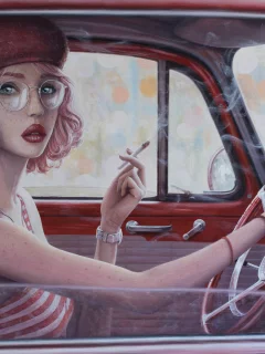 девушка, рисунок, берет, сигарета, очки, авто