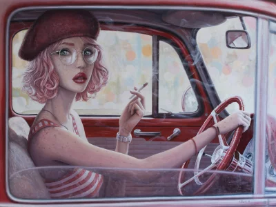 девушка, рисунок, берет, сигарета, очки, авто