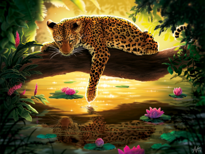арт, леопард, вода, дерево, водяные лилии, leopard, ветка, отражение, дикая кошка, хищник, животное
