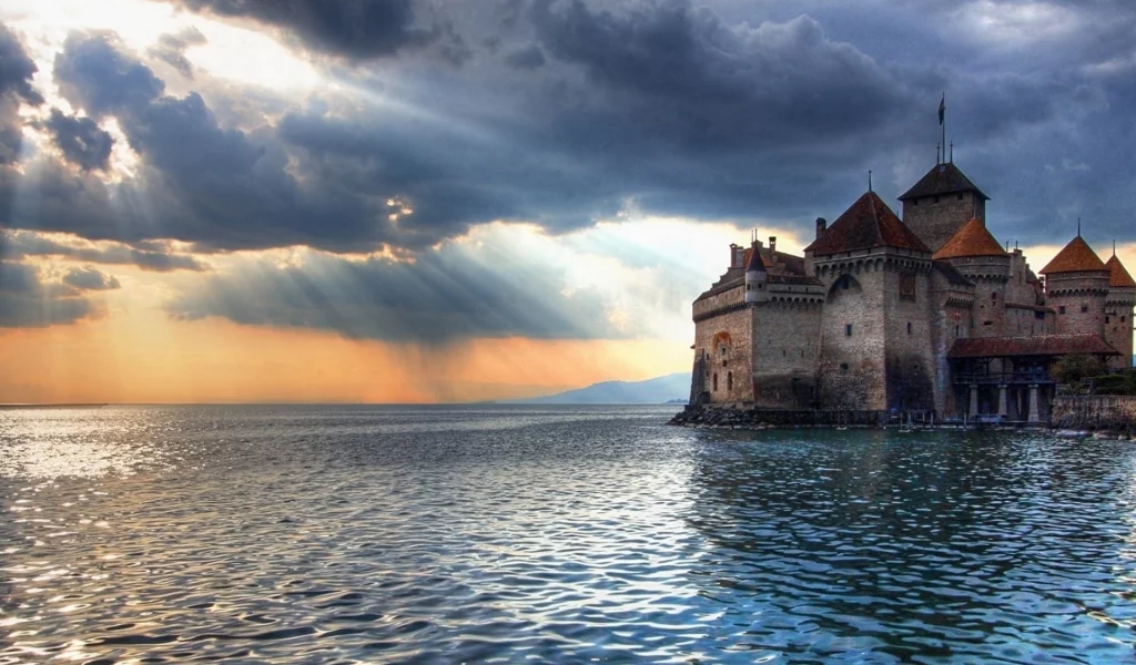 замок, море, небо, облака
