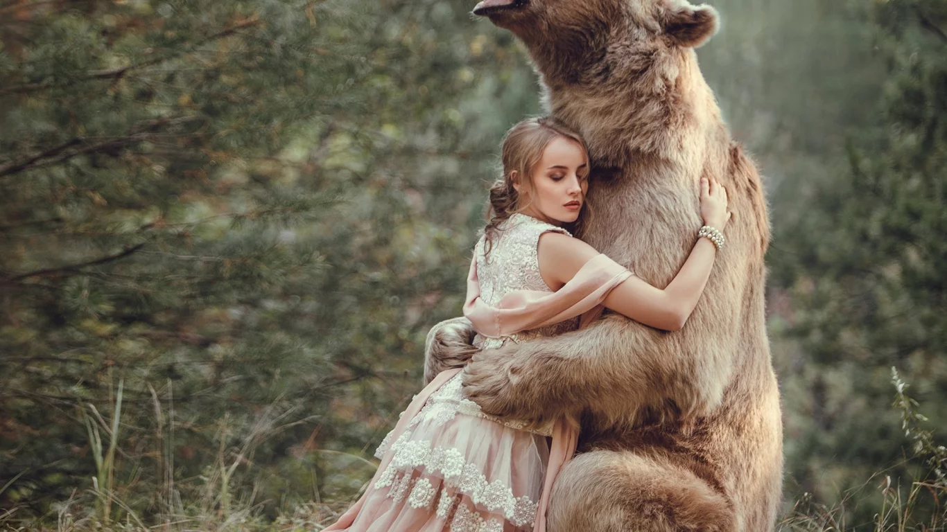 лес, деревья, медведь, девушка