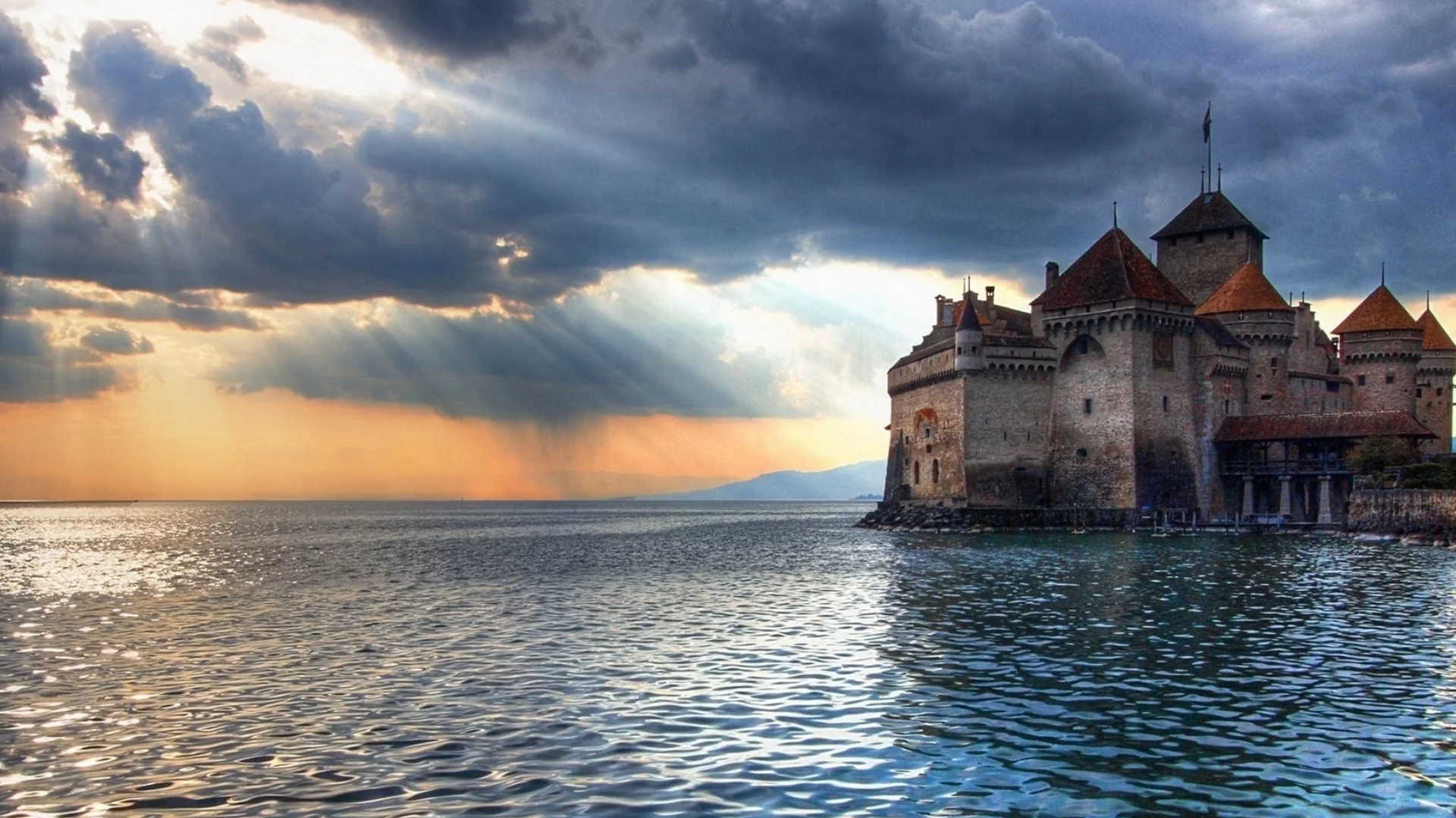 замок, море, небо, облака