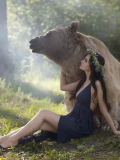 девушка, брюнетка, медведь