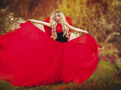 блондинка, красивая, фотосессия, красное платье